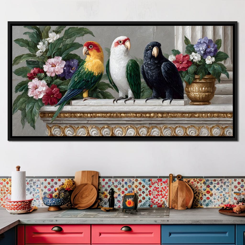 Parrot Trio On Florid Ledge Canvas Wall Art