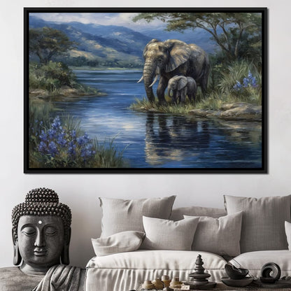 Elephant Family Riverbank Dream Canvas Wall Art