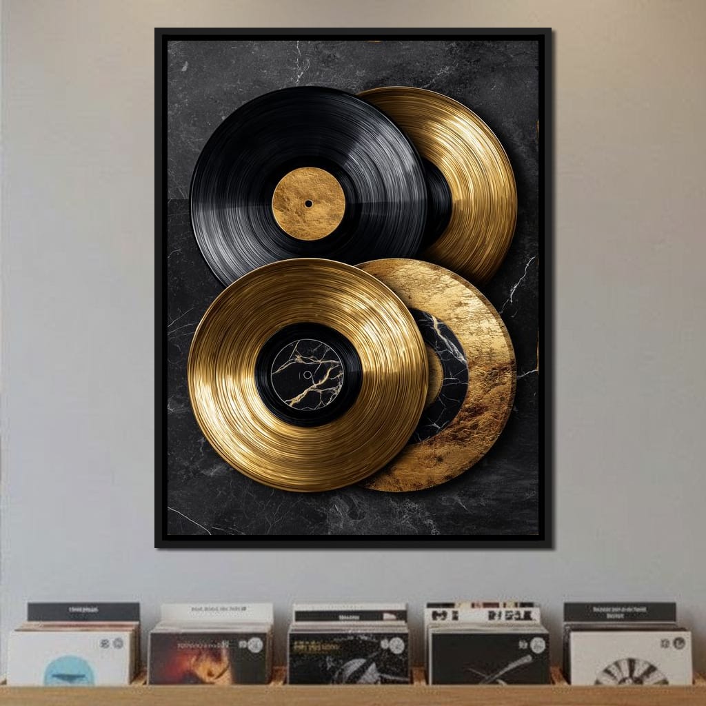 Gold Vinyl Records Noir Marble Canvas Wall Art
