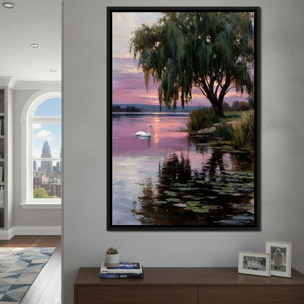 Swan Lake Sunset Willow Tree Canvas Wall Art