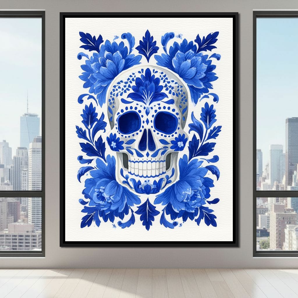 Blue Floral Sugar Skull Folkstyle Canvas Wall Art