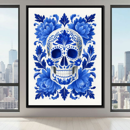 Blue Floral Sugar Skull Folkstyle Canvas Wall Art
