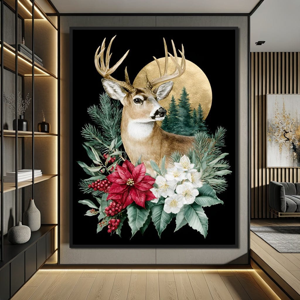 Moonlit Floral Gold Buck Canvas Wall Art