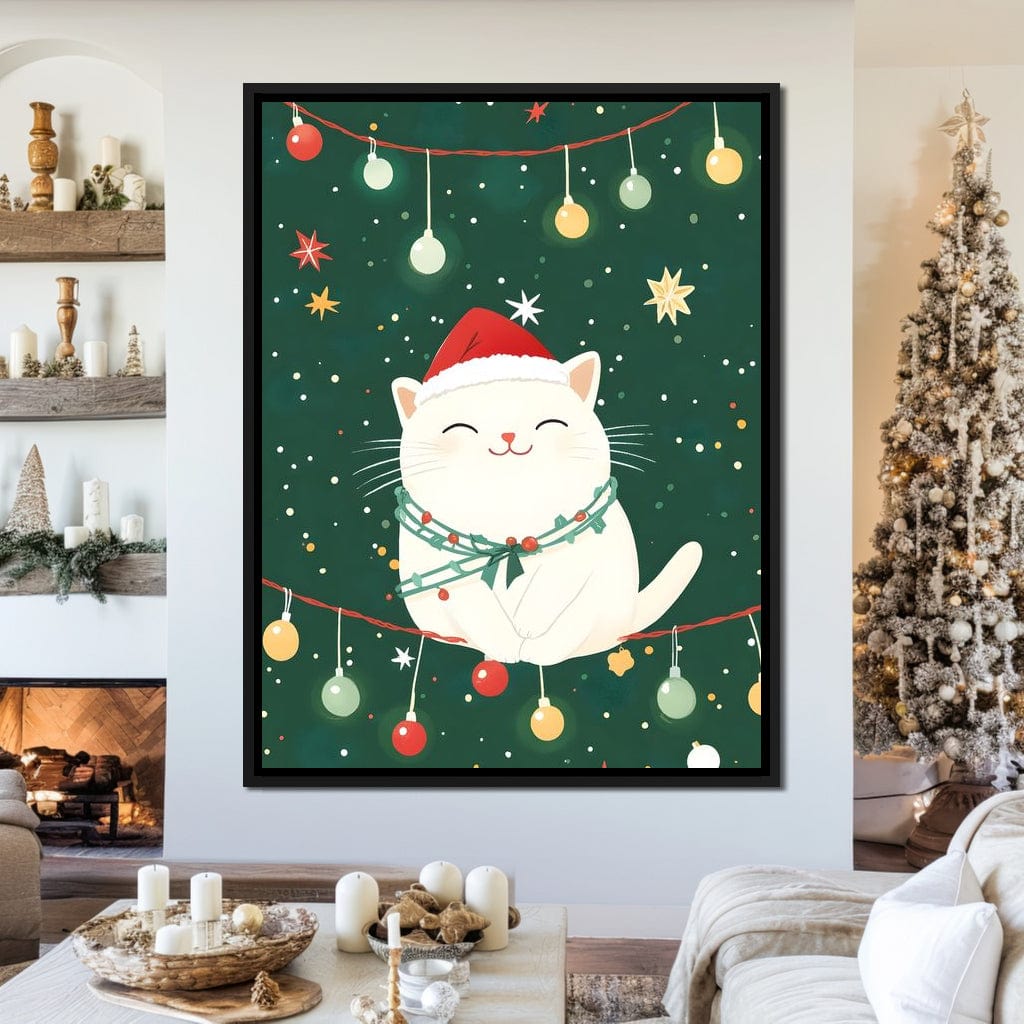 Jolly Santa Kitty Holiday Lights Canvas Wall Art