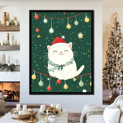 Jolly Santa Kitty Holiday Lights Canvas Wall Art
