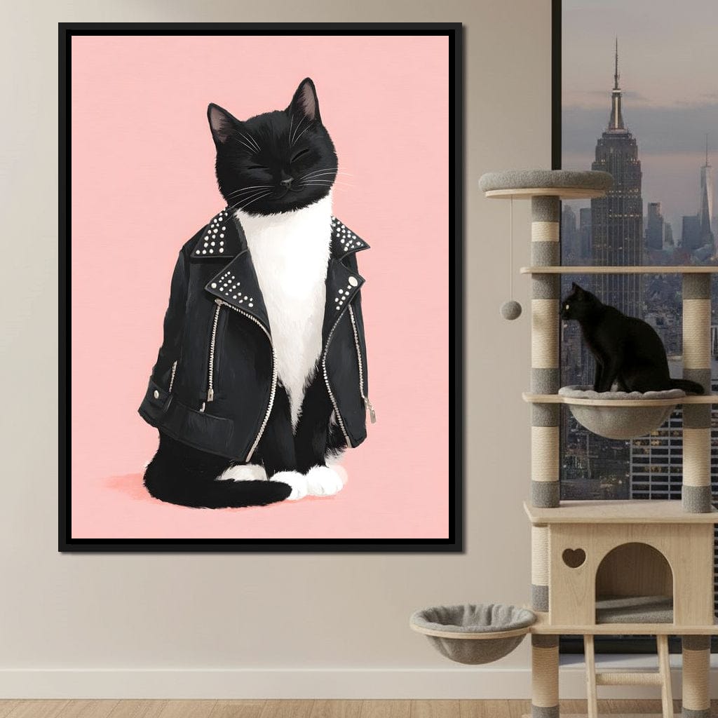 Biker Cat Attitude On Soft Pink Canvas Wall Art