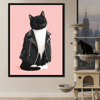 Biker Cat Attitude On Soft Pink Canvas Wall Art