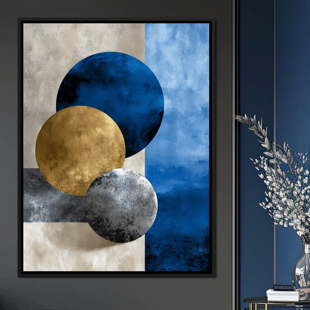 Modern Geometric Blue Gold Orbit Canvas Wall Art