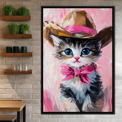 Cowboy Kitten Pink Bow Charm Canvas Wall Art