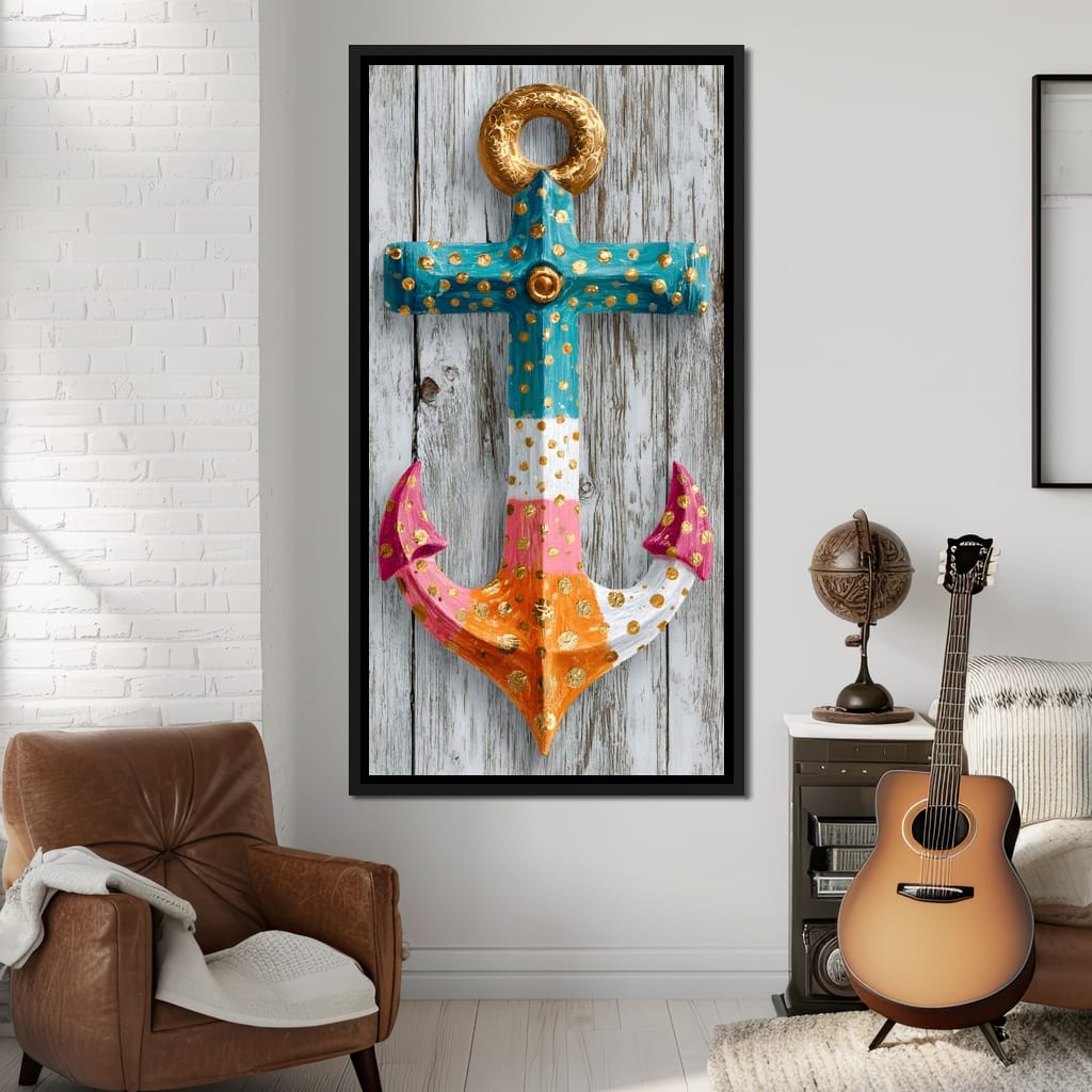 Golden Dotted Nautical Anchor Canvas Wall Art