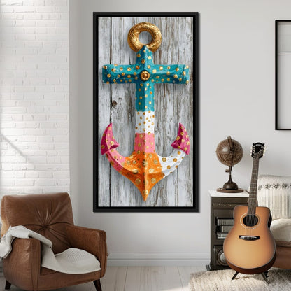 Golden Dotted Nautical Anchor Canvas Wall Art