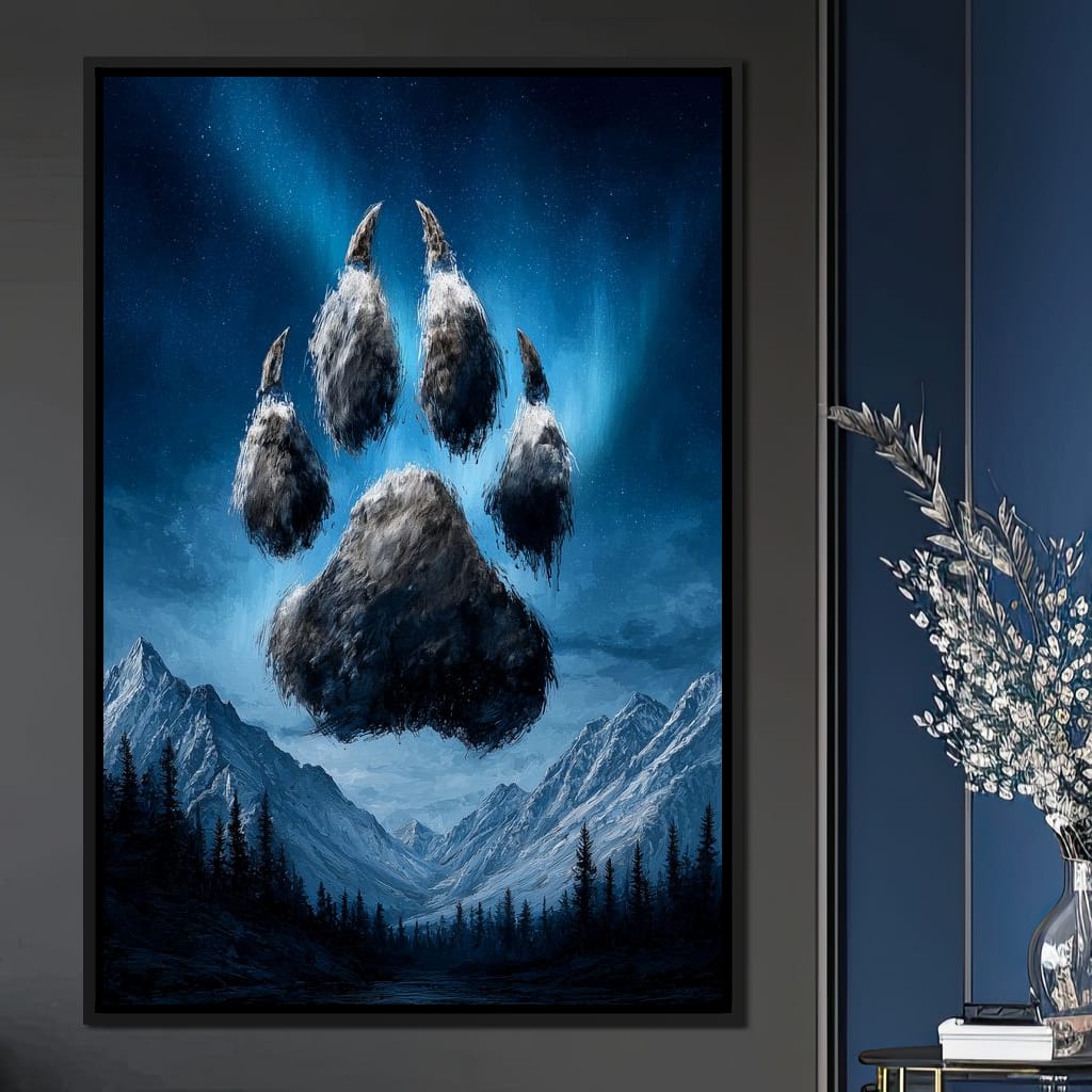 Celestial Wolf Paw Over Peaks Canvas Wall Art
