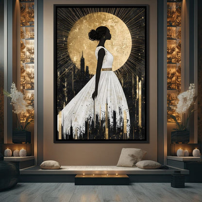 Golden Silhouette City Radiance Canvas Wall Art
