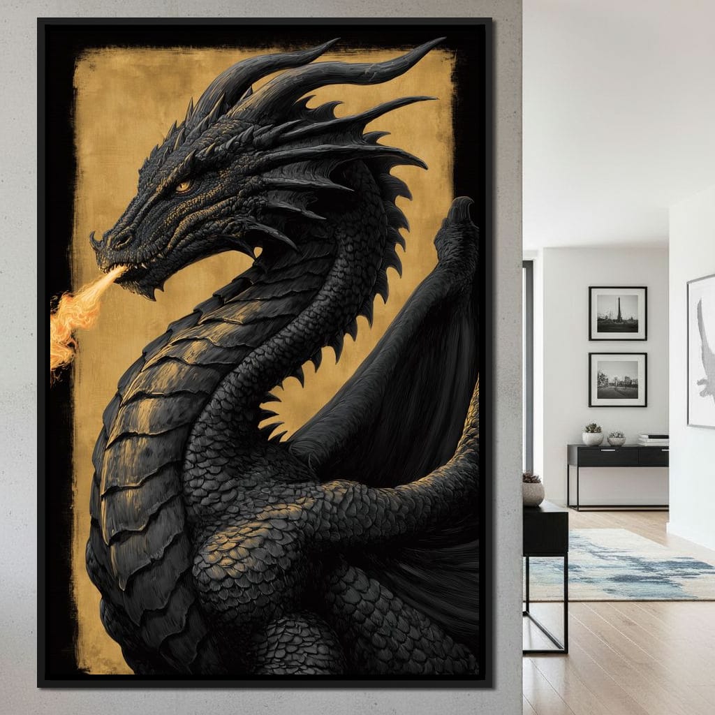 Golden Firebreath Dragon King Canvas Wall Art