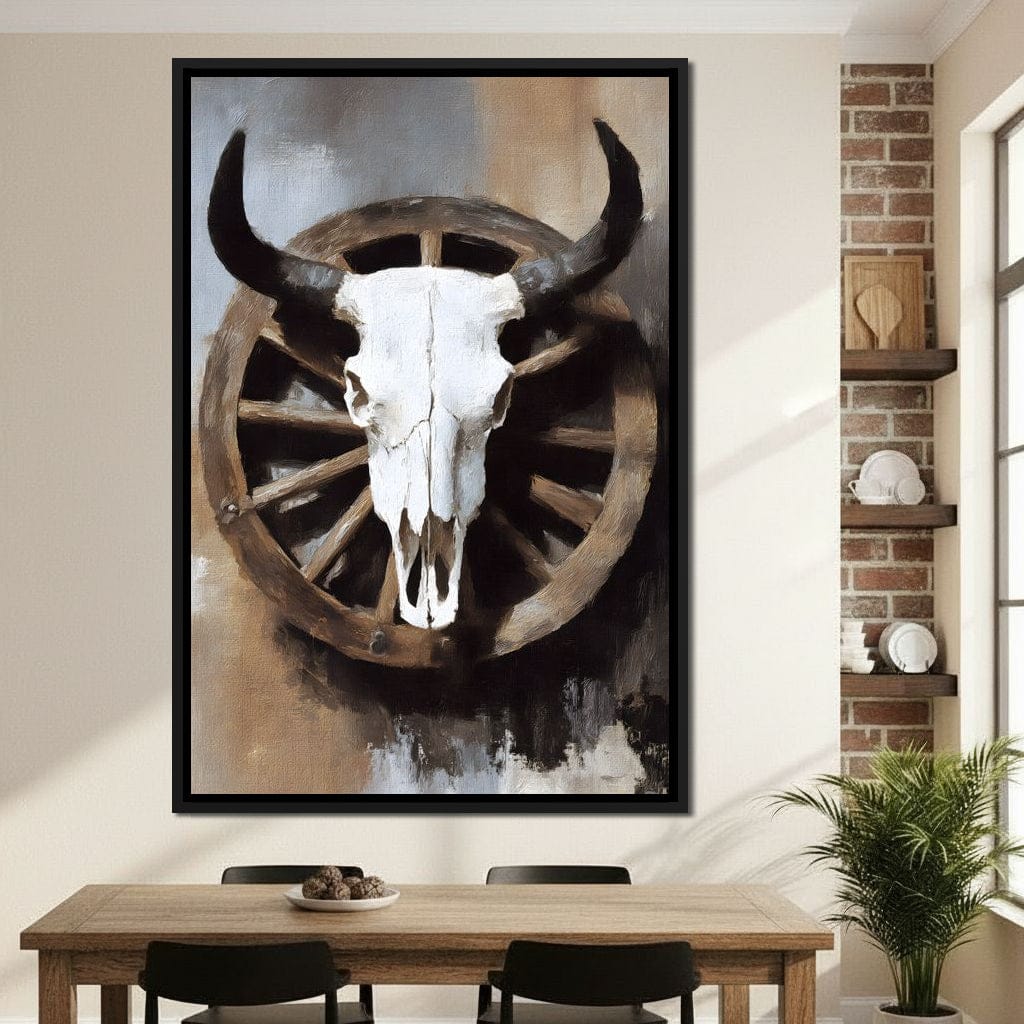Western Bull Skull Wagon Wheel Canvas Wall Art