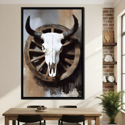 Western Bull Skull Wagon Wheel Canvas Wall Art