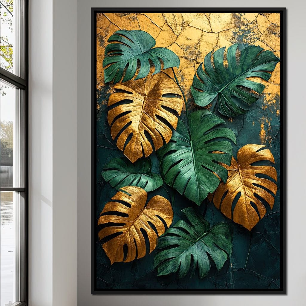 Golden Monstera Leaves Canvas Wall Art