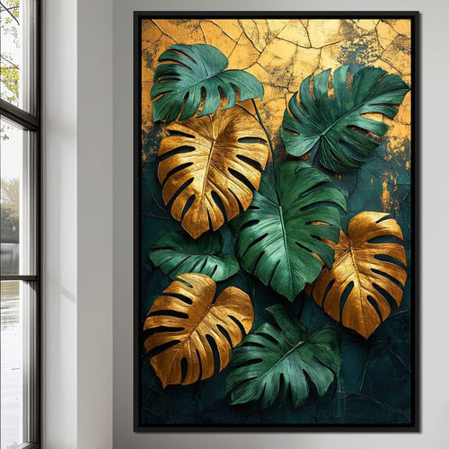 Golden Monstera Leaves Canvas Wall Art