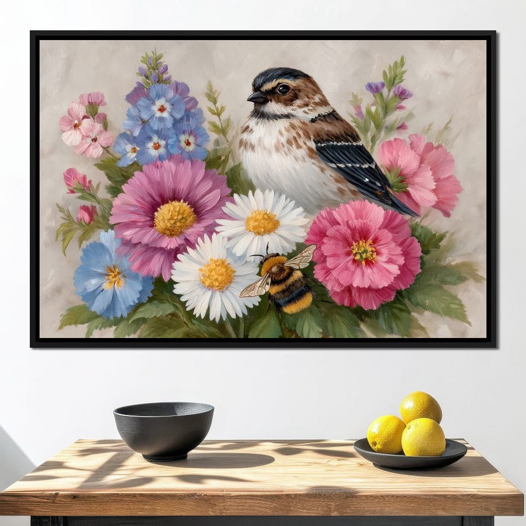 Garden Sparrow and Bumblebee Canvas Wall Art