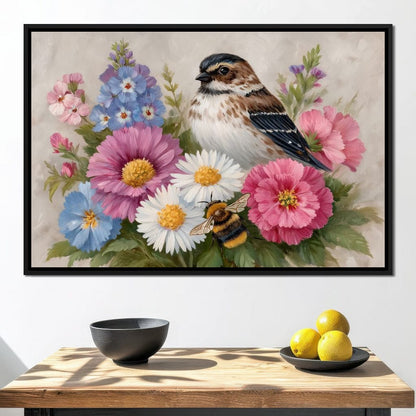 Garden Sparrow and Bumblebee Canvas Wall Art