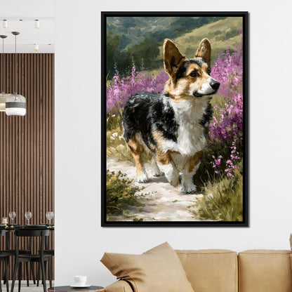 Corgi Along Heather Pathway Canvas Wall Art