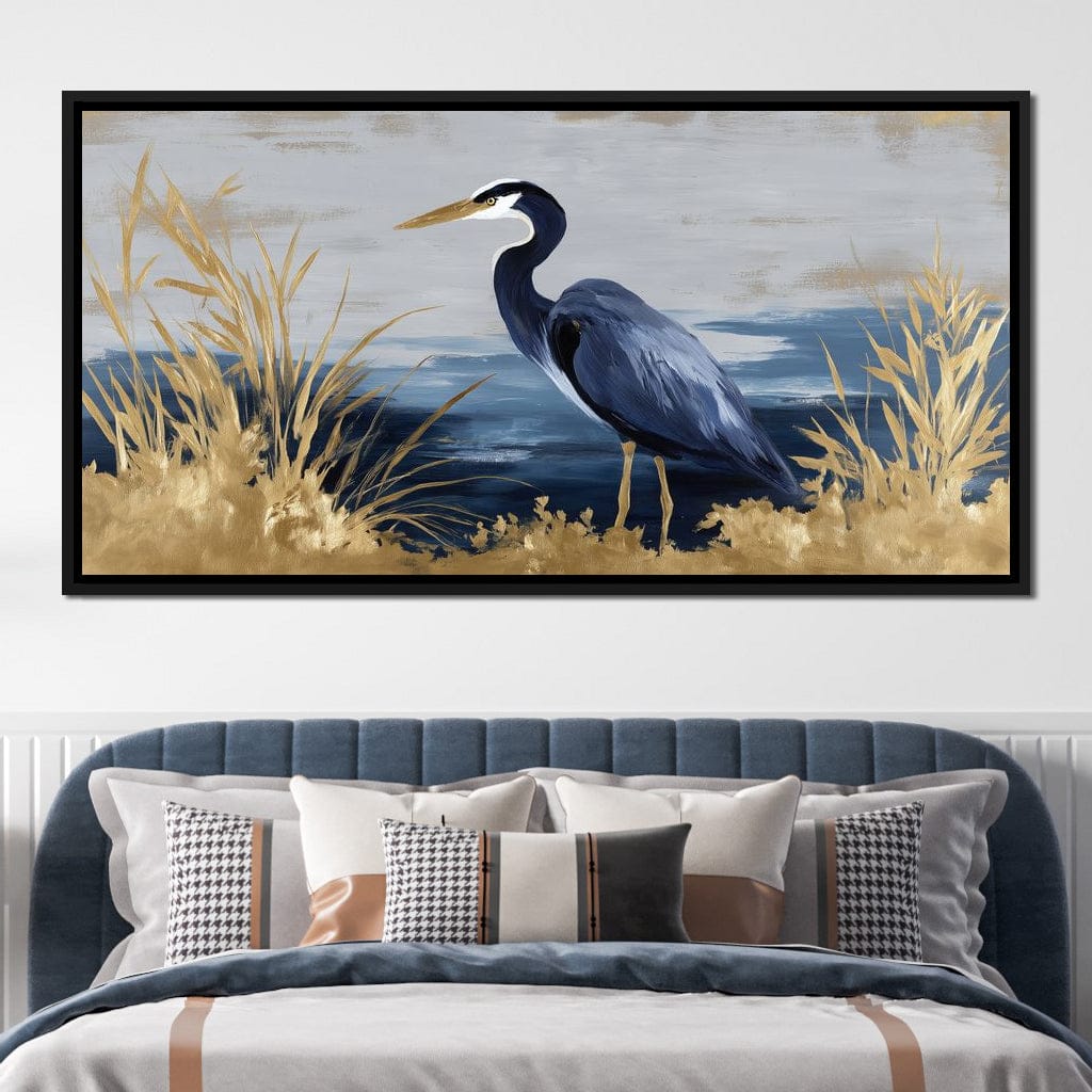 Coastal Heron Gold Reeds Canvas Wall Art