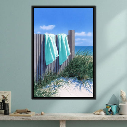 Coastal Towels On Dune Fence Canvas Wall Art