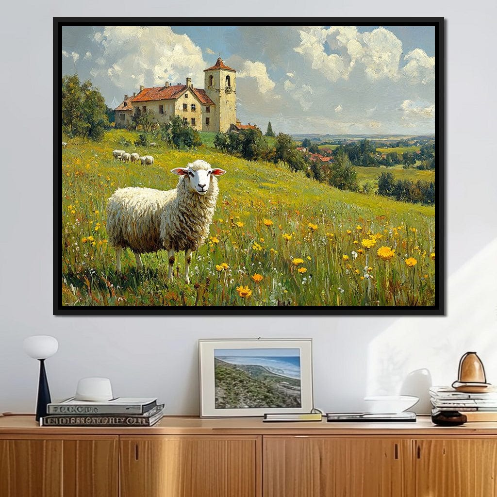 Meadow Sheep by the Countryside Canvas Wall Art