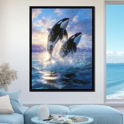 Breaching Orcas Dawn Ocean Dance Canvas Wall Art
