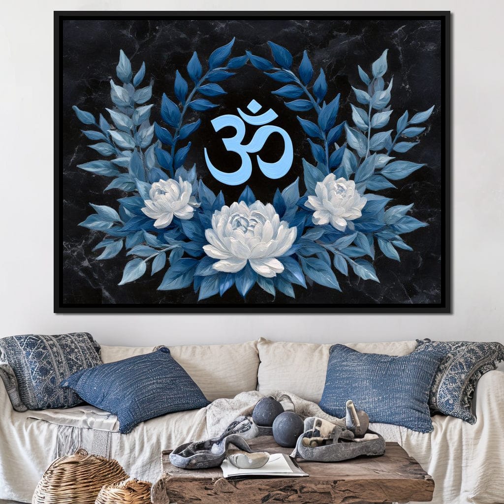 Om Symbol Blue Lotus Wreath Canvas Wall Art