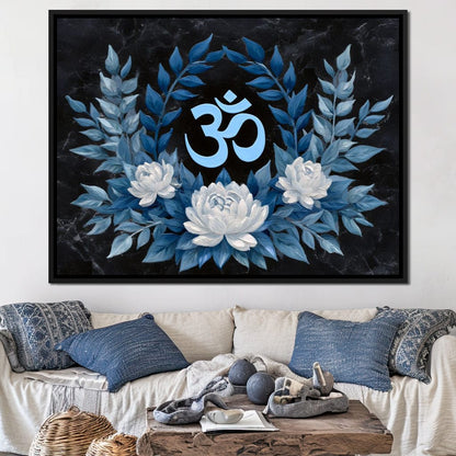 Om Symbol Blue Lotus Wreath Canvas Wall Art