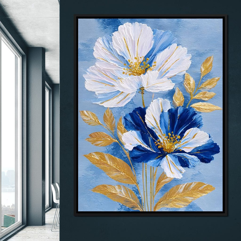 Blue White Peony Gold Leaf Canvas Wall Art