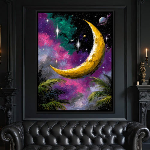 Golden Crescent Cosmic Nightscape Canvas Wall Art