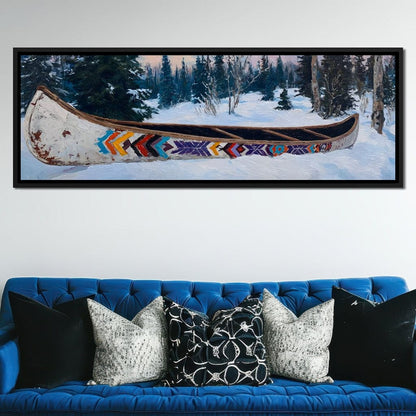 Painted Canoe Among Winter Pines Canvas Wall Art