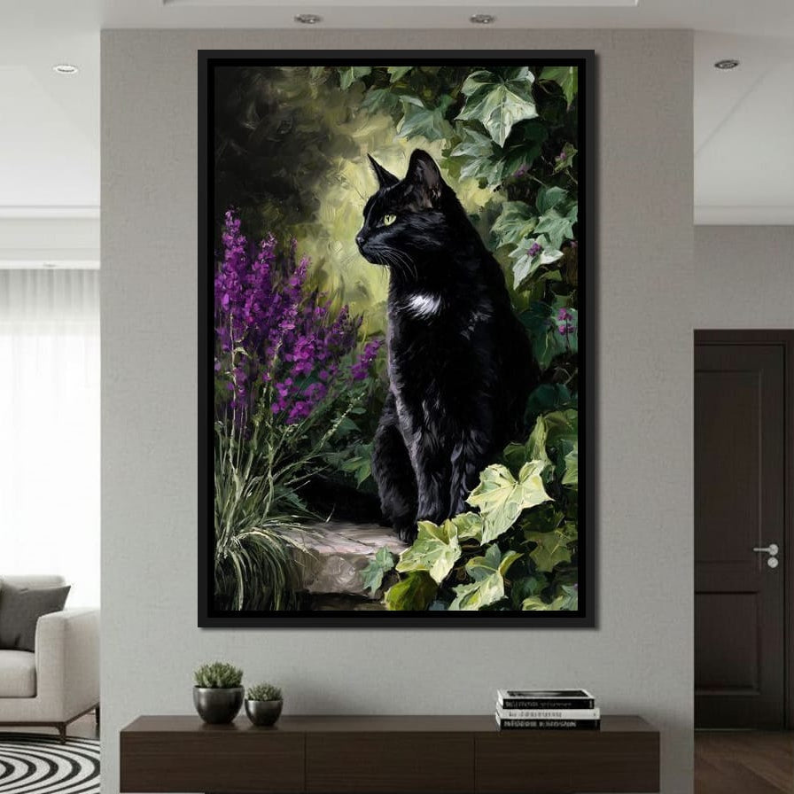 Black Cat Garden Sentinel Canvas Wall Art