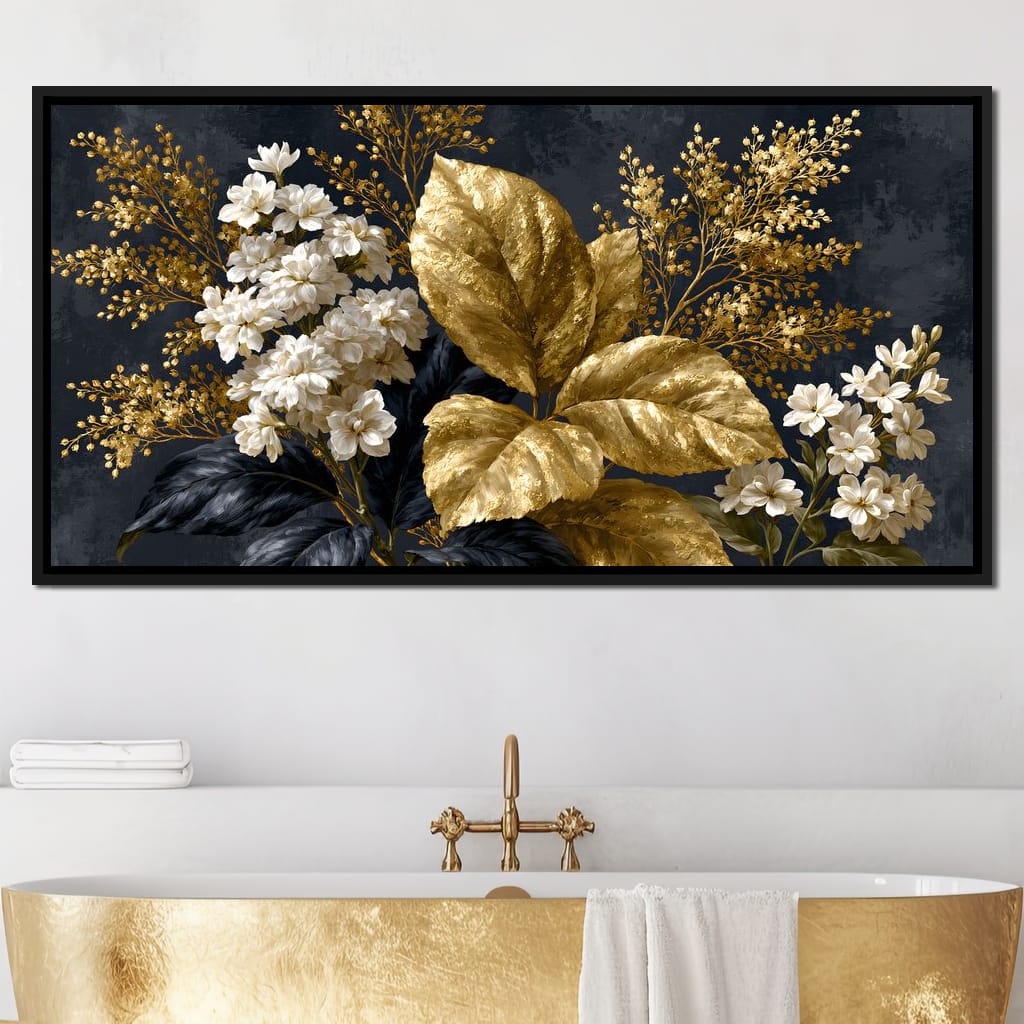 Gilded Foliage Upon Midnight Velvet Canvas Wall Art