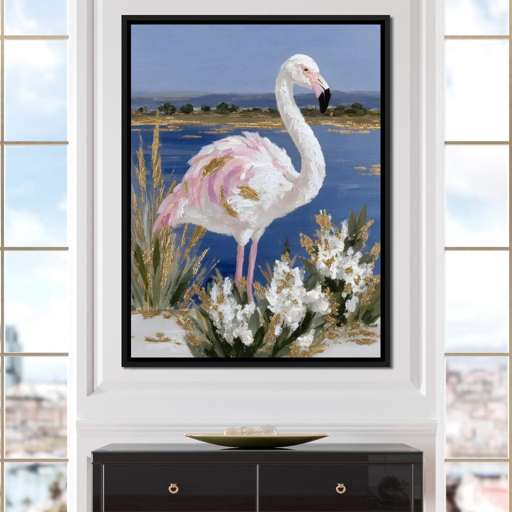 Coastal Flamingo Gold Glint Canvas Wall Art