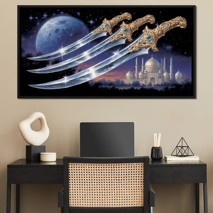 Moonlit Blades Over Golden Palace Canvas Wall Art