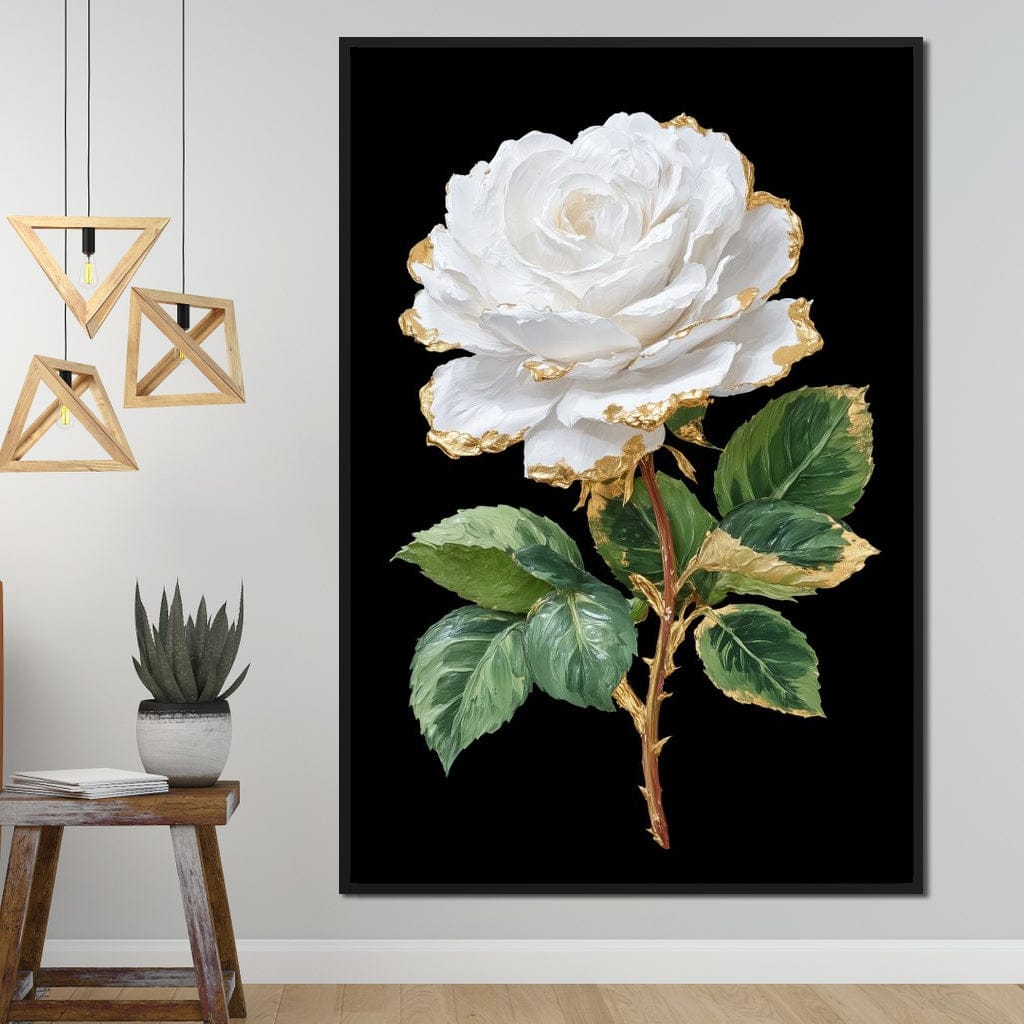 Gilded White Rose Portrait Canvas Wall Art
