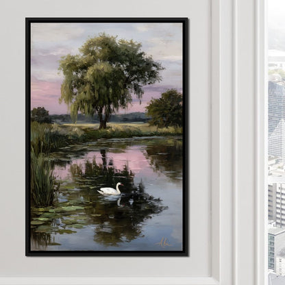 Swan Pond Willow Sunset Sky Canvas Wall Art