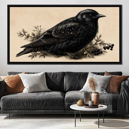 Solitary Starling Perched Upon Wild Berries Canvas Wall Art
