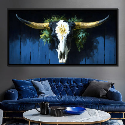 Golden Longhorn Skull Rustic Canvas Wall Art
