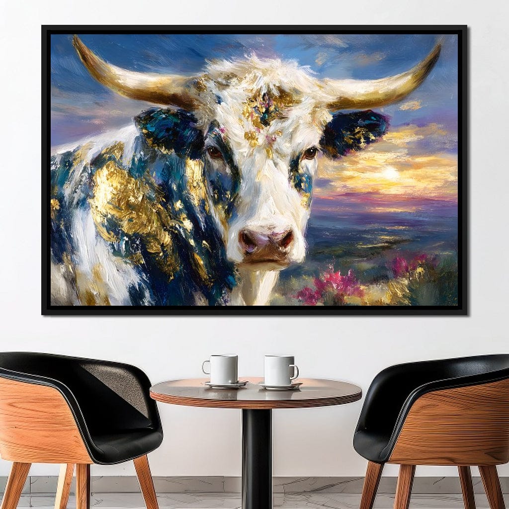 Golden Highland Cow Sunset Canvas Wall Art