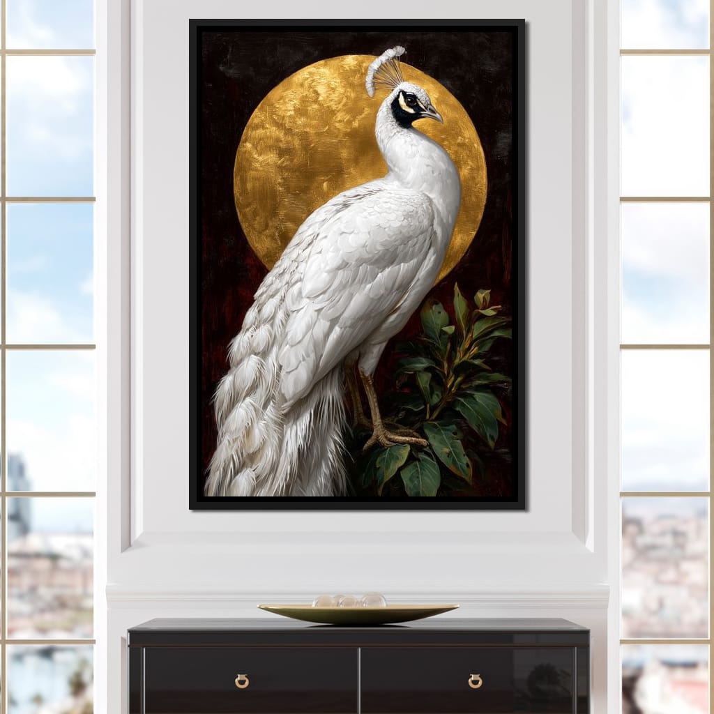 Golden Halo White Peacock Pose Canvas Wall Art