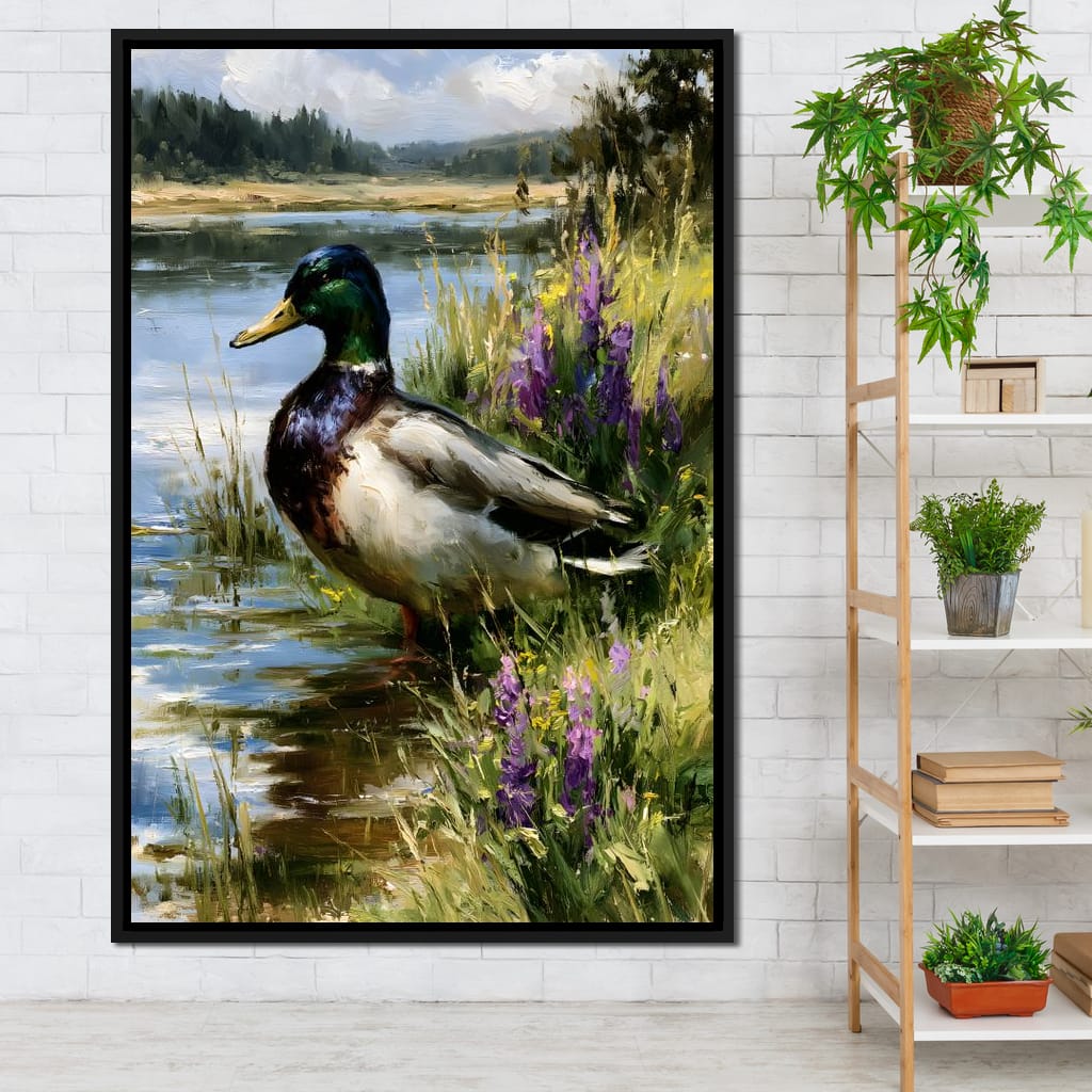 Solitary Mallard By The Still Shore Canvas Wall Art