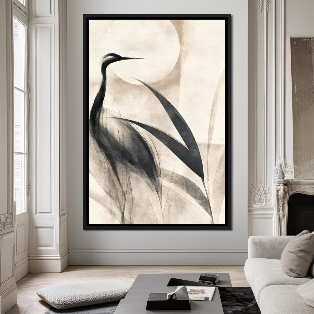 Lone Crane Watching The Pale Disc Canvas Wall Art