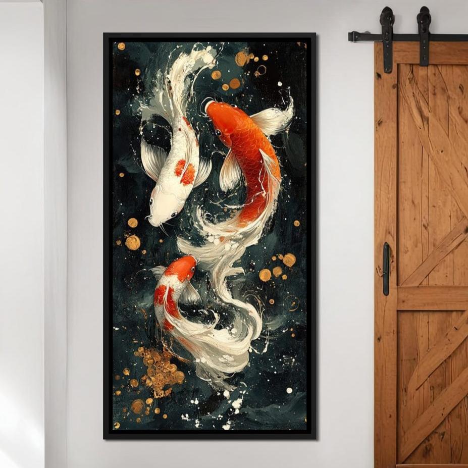 Koi Dance Under Golden Moon Canvas Wall Art