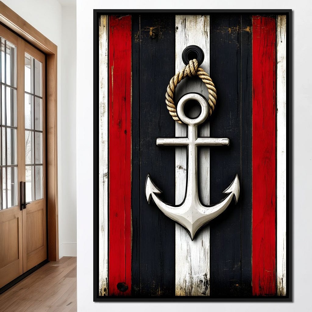 Nautical Anchor on Stripes Canvas Wall Art
