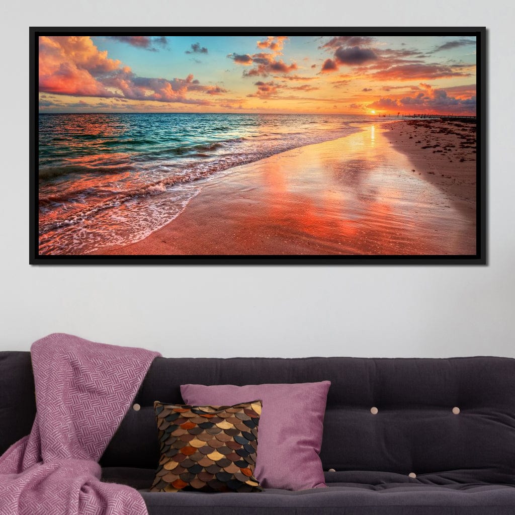 Sunset Over an Ocean Beach Shore Canvas Wall Art