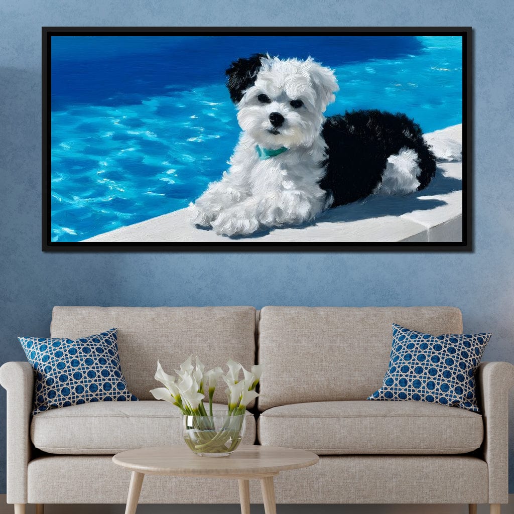 Puppy Relaxation by the Pool Canvas Wall Art
